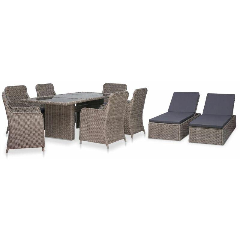 vidaXL Set da Pranzo da Giardino 9 pz con Lettini Polyrattan Marrone - Grigio