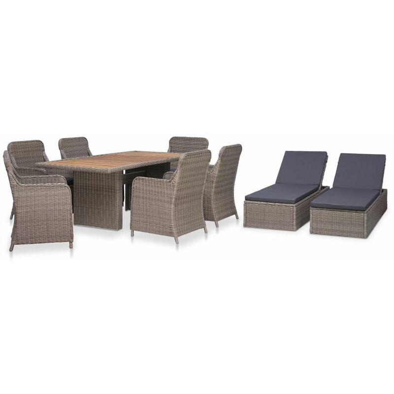 Set da Pranzo da Giardino 9 pz con Lettini Polyrattan Marrone - Marrone - Vidaxl