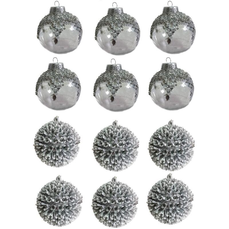 Set di 12 Palline Trasparenti e Argento Glitterate H8 cm Decorazione per Albero di natale Set di 12 Palline Trasparenti e Argento Glitterate H8 cm Decorazione per Albero di natale