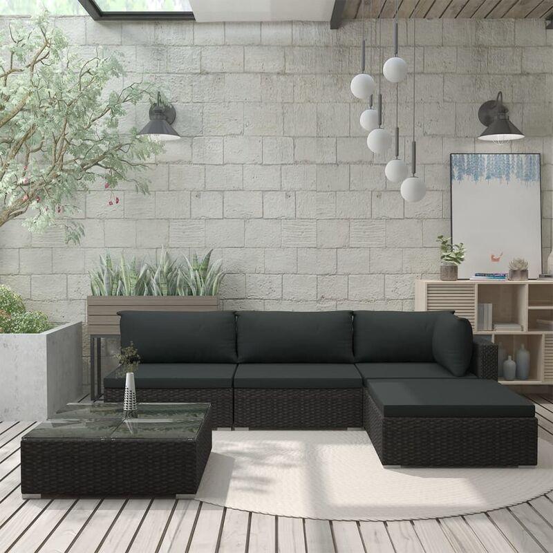 vidaXL Set Divani da Giardino 5 pz con Cuscini in Polyrattan Nero - Nero
