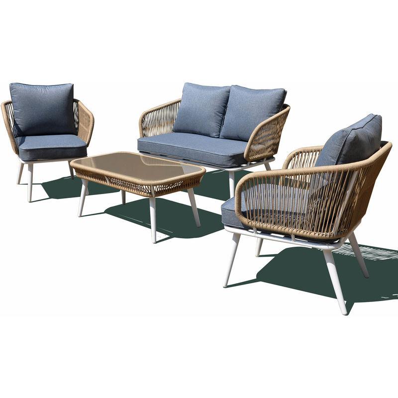 Set Salotto Da Giardino In Alluminio E Corda Divano 2 Poltrone E Tavolino Vizzoni Vega