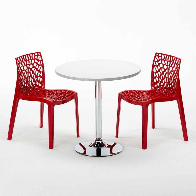 Tavolino Rotondo Bianco 70x70 cm con Base in Acciaio e 2 Sedie Colorate Gruvyer Island | Rosso - GRAND SOLEIL Tavolino Rotondo Bianco 70x70 cm con Base in Acciaio e 2 Sedie Colorate Gruvyer Island | Rosso - GRAND SOLEIL