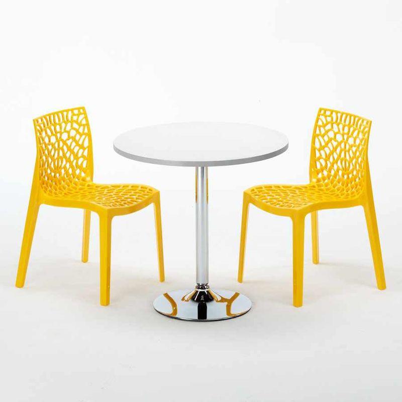 Tavolino Rotondo Bianco 70x70 cm con Base in Acciaio e 2 Sedie Colorate Gruvyer Island | Giallo - GRAND SOLEIL