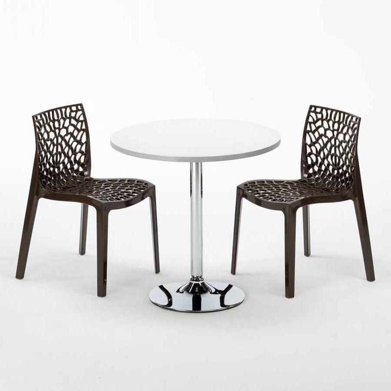 Tavolino Rotondo Bianco 70x70 cm con Base in Acciaio e 2 Sedie Colorate Gruvyer Island | Marrone - GRAND SOLEIL