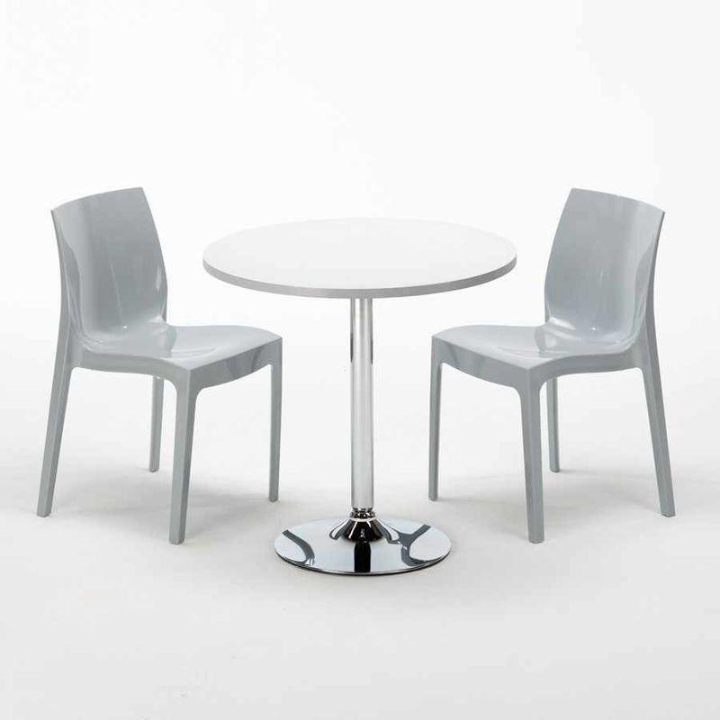 Tavolino Rotondo Bianco 70x70 cm con Base in Acciaio e 2 Sedie Colorate Ice LONG Island | Grigio - GRAND SOLEIL