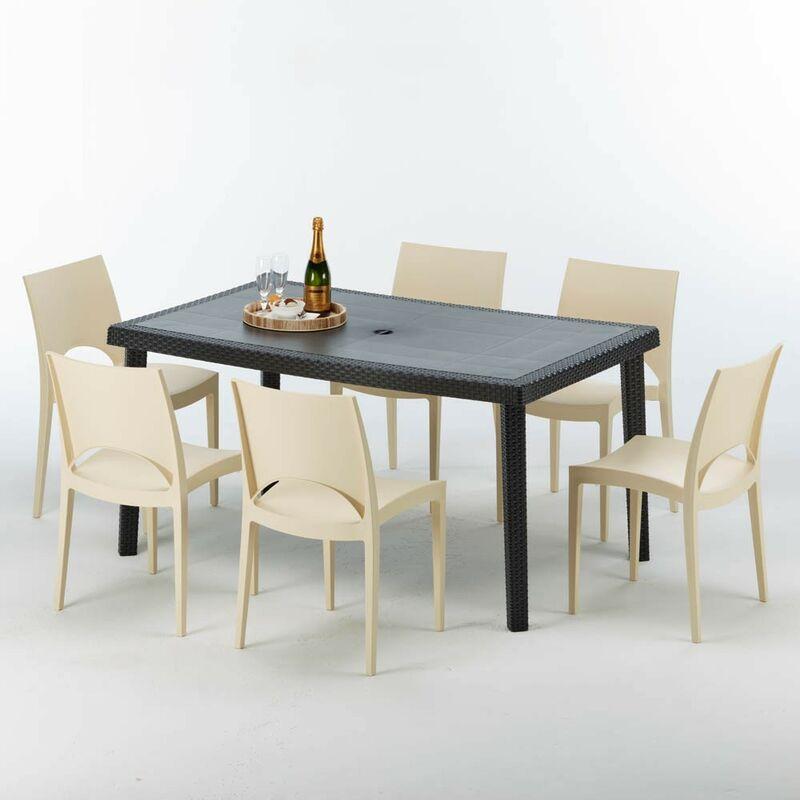 Grand Soleil - Tavolo Rettangolare Nero 150x90 cm con 6 Sedie Colorate Enjoy | Paris Beige Avorio
