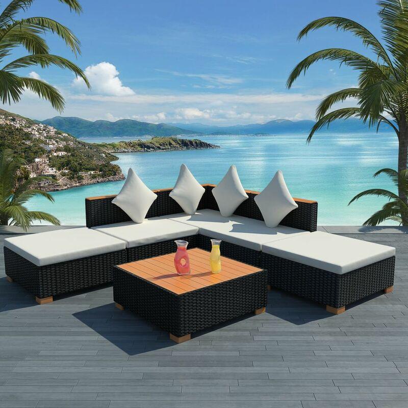 Set Divani da Giardino 6 pz con Cuscini in Polyrattan Nero - Nero - Vidaxl