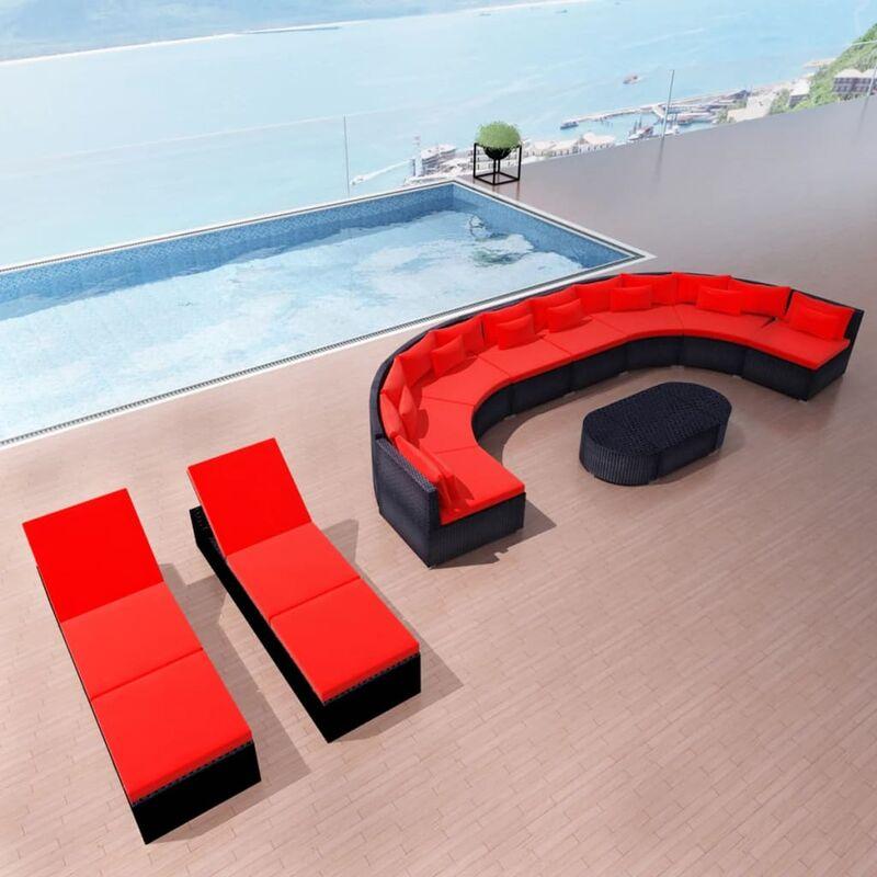 Set Divani da Giardino 13 pz con Cuscini in Polyrattan Rosso - Nero - Vidaxl