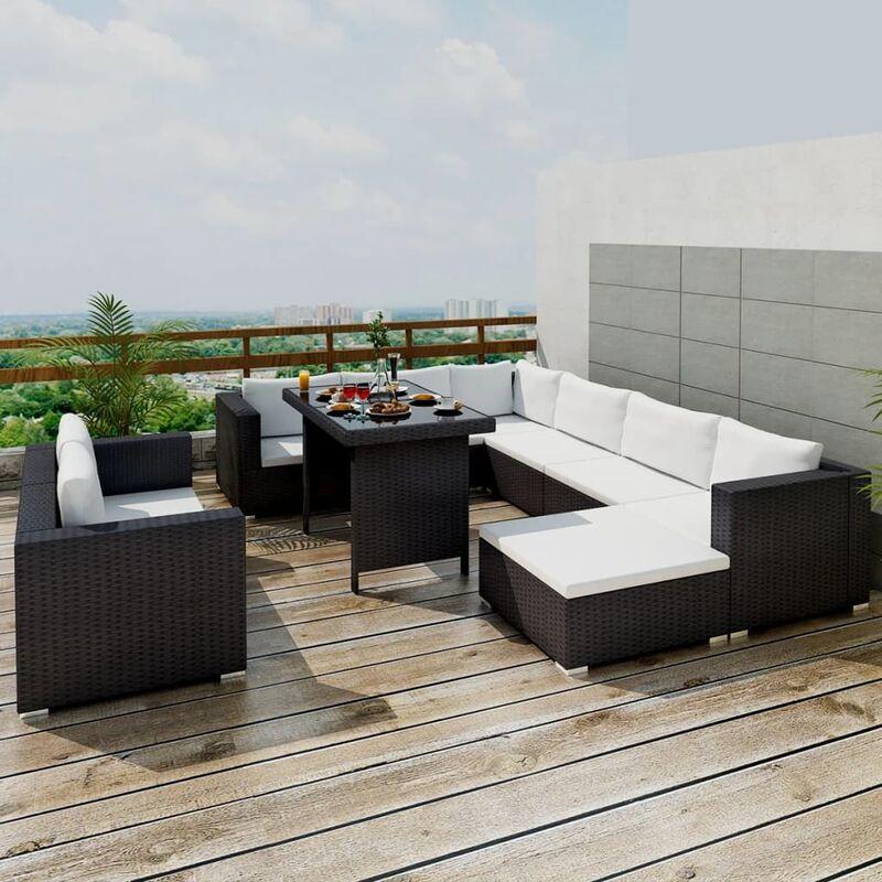 Set Divani da Giardino 10 pz con Cuscini in Polyrattan Nero - Nero - Vidaxl