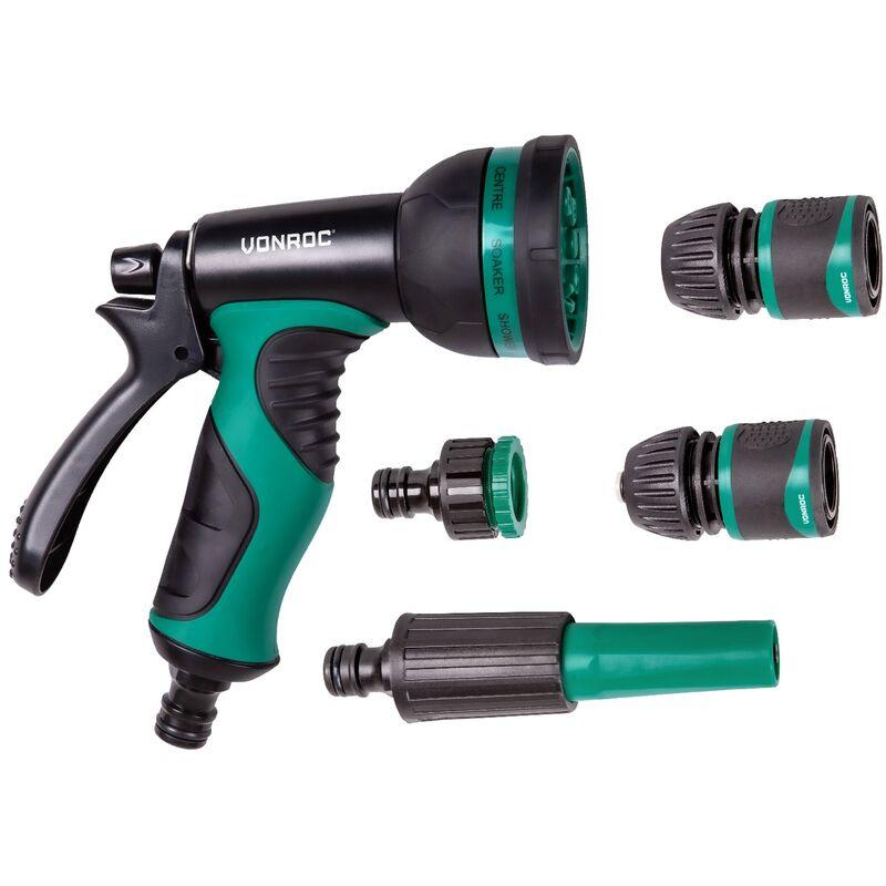 Set Pistola a spruzzo da giardino con 8 diversi tipi di getto, fornitura acqua regolabile e raccordi. Include Ugello getto acqua regolabile, raccordi Set Pistola a spruzzo da giardino con 8 diversi tipi di getto, fornitura acqua regolabile e raccordi. Include Ugello getto acqua regolabile, raccordi