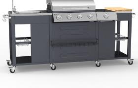 Mr Tuzza - Barbecue gas acciaio inox BBQ 4+1 bruciatori lavello ripiani cremagliera Tartara