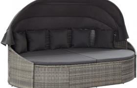 Lettino Prendisole con Baldacc no in Polyrattan Grigio VD52865 - Hommoo