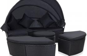 Lettino Prendisole con Baldacc no in Polyrattan Nero VD48747 - Hommoo