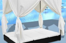 Lettino Prendisole con Tende in Polyrattan Nero VD24981 - Hommoo