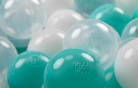 KiddyMoon 100 ∅ 7CM Palline Morbide Colorate Per Piscina Bambini Fatto In EU, Turchese Chiaro/Bianco/Trasparente - turchese chiaro/bianco/trasparente