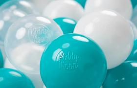 KiddyMoon 200 ∅ 7CM Palline Morbide Colorate Per Piscina Bambini Fatto In EU, Turchese/Trasparente/Bianco - turchese/trasparente/bianco