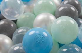 KiddyMoon 200 ∅ 7CM Palline Morbide Colorate Per Piscina Bambini Fatto In EU, Perla/Grigio/Trasparente/Azzurro/Menta