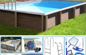 Kit Piscina Cemento Effetto Legno Rettangolare 4,67 X 3,24 X H 1,28 M Con Filtrazione A Sabbia E Locale Tecnico - Naturalis